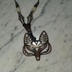 Boho Fox Pendant Necklace 28" Cord Tribal Woodland Animal Statement